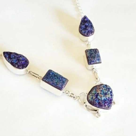 Sterling silver blue purple titaniu druzy necklace - Picture 2 of 6